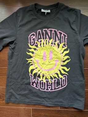 Ganni Black Short-Sleeve Tee with Yellow Sun & Pink Logo